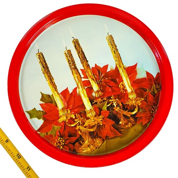 Vintage Set of 3 Christmas Tin Trays Atlantic Can Co Style Round Serving MCM - Picture 4 of 16